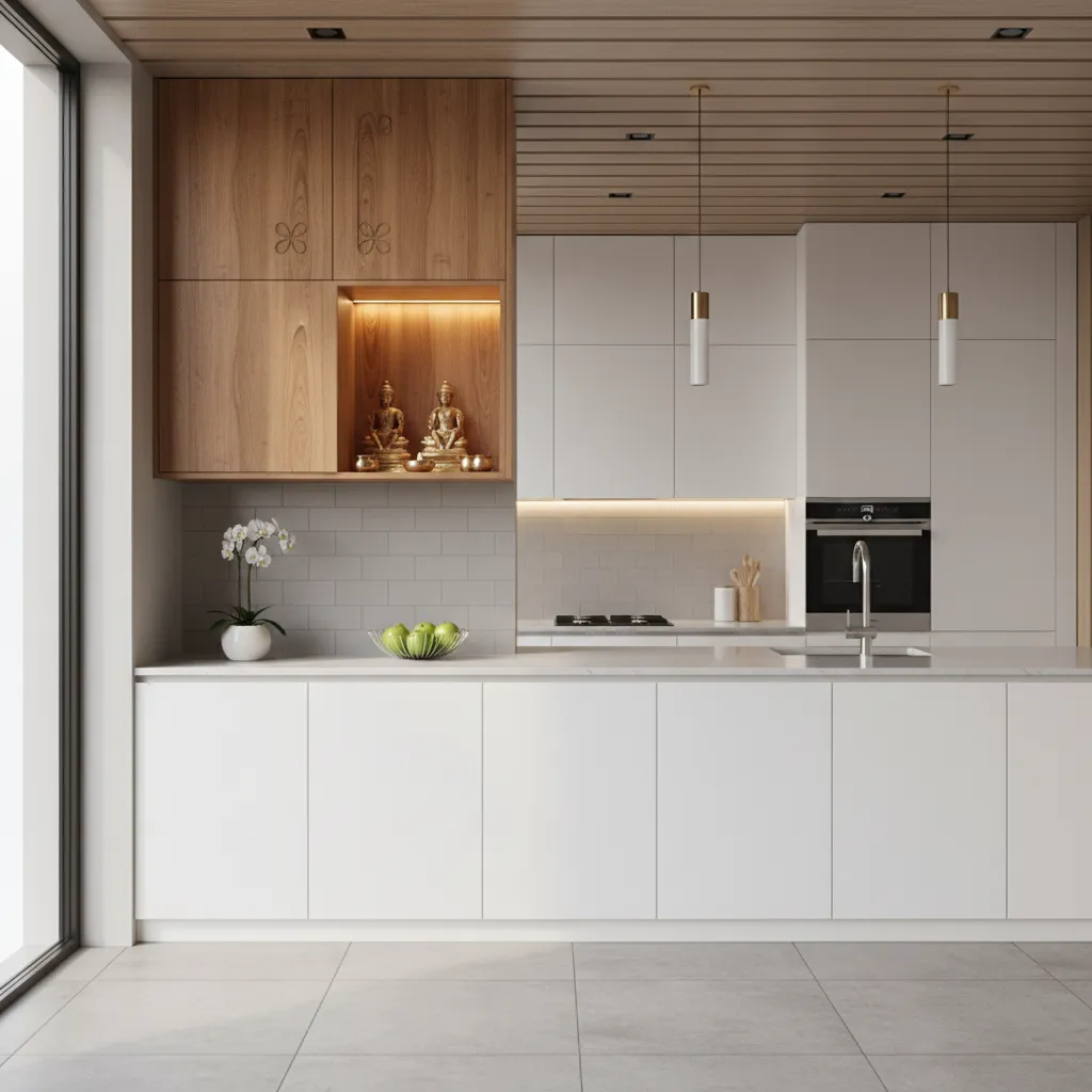 small wall mounted pooja cabinet with doors inside modern kitchen