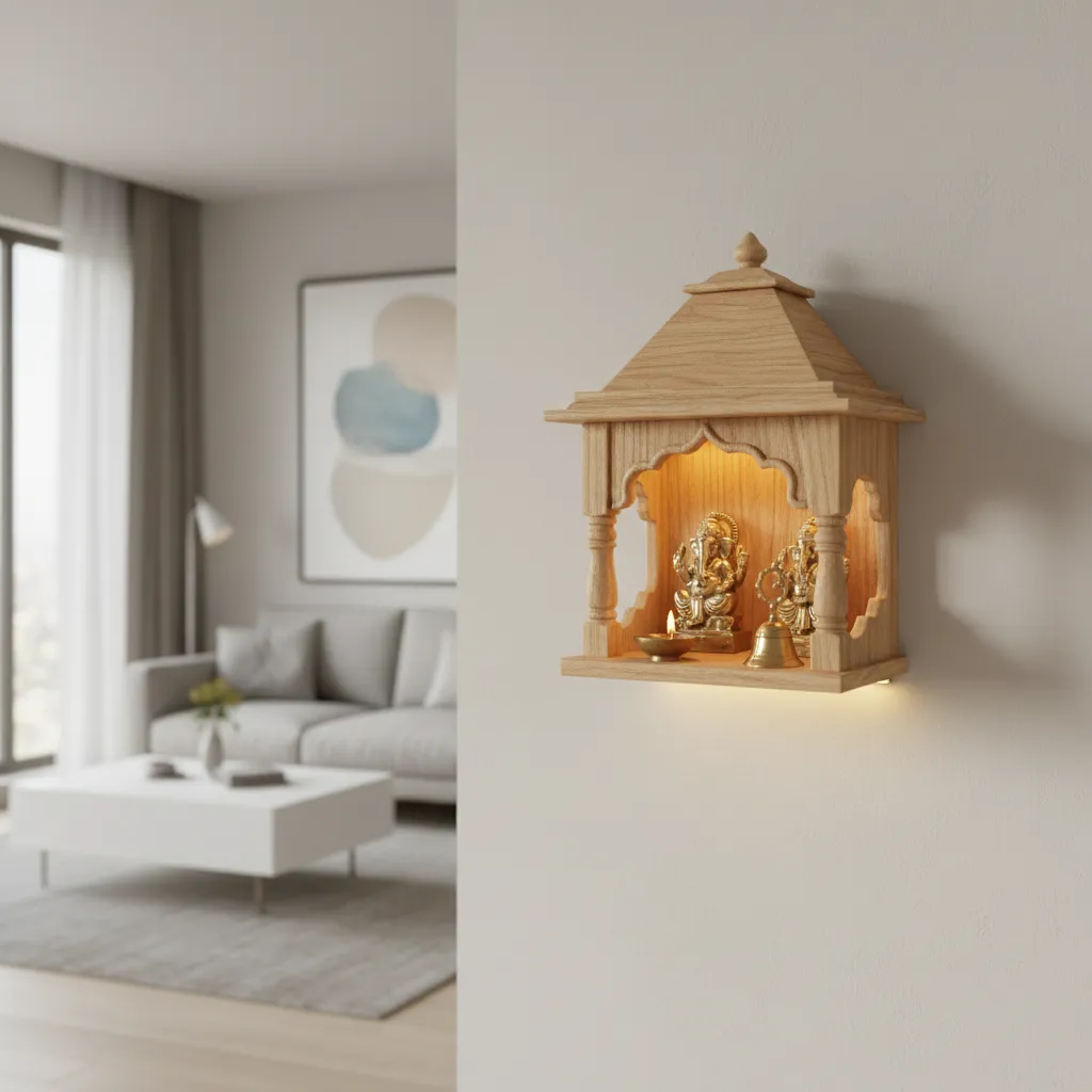 Compact wall mounted wooden pooja mandir in a modern apartment living room