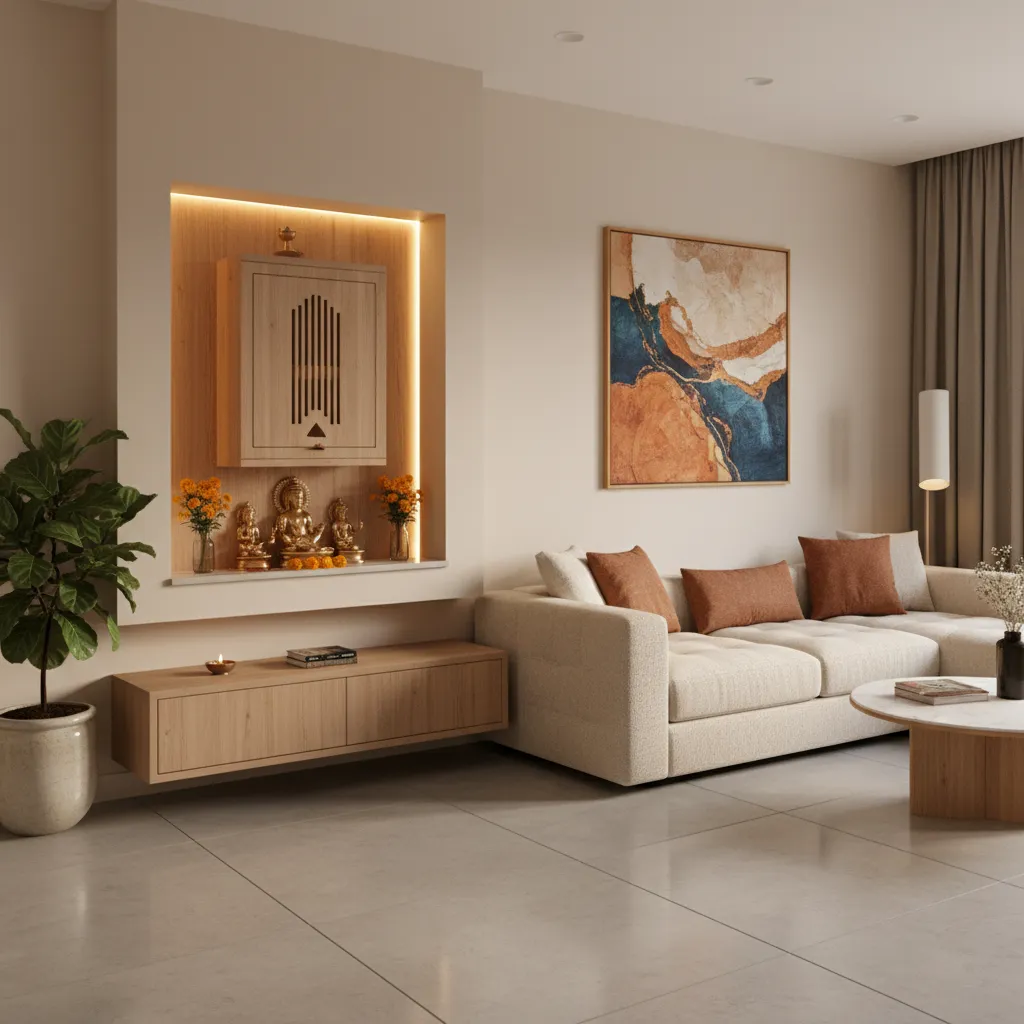 Small wall mounted pooja unit integrated into a modern apartment interior