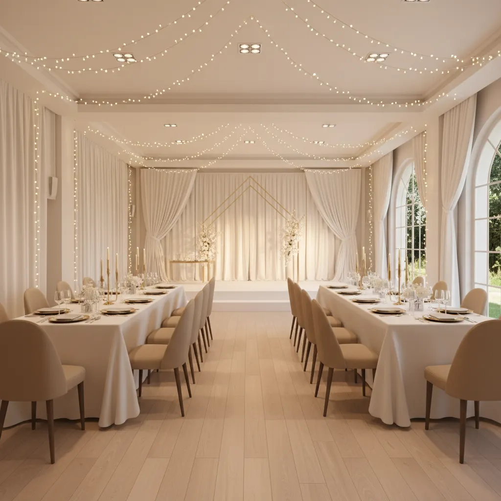 Small wedding hall interior with efficient seating layout and stage