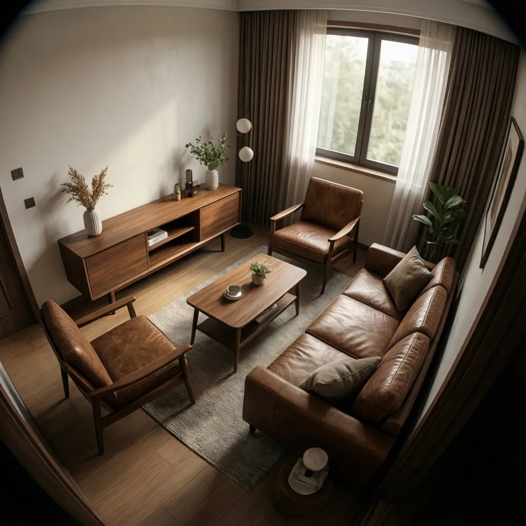 Small living room layout with compact western style furniture arrangement