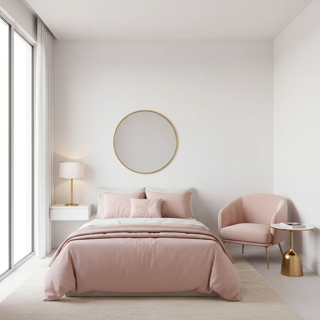 Compact white pink and gold bedroom layout with minimal furniture