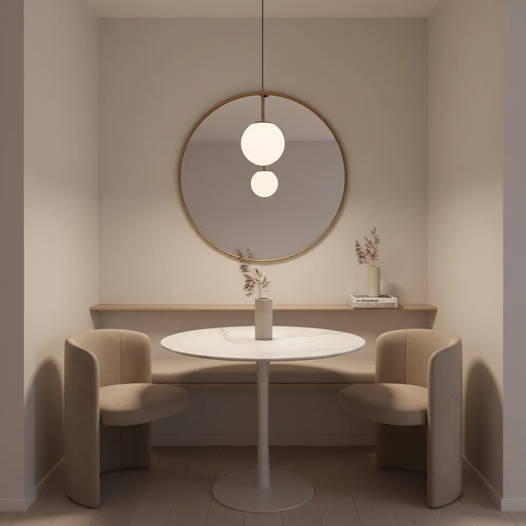 Compact dining area without windows with round table and wall mirror