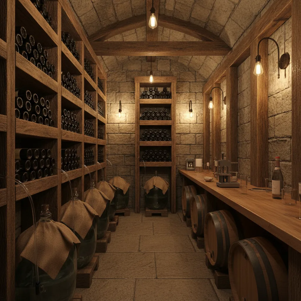Compact winery room using vertical shelving for bottle storage