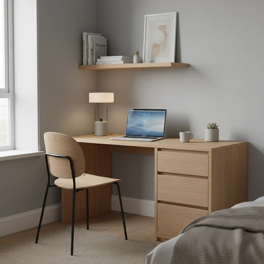compact wooden desk with drawers placed in a small bedroom corner workspace