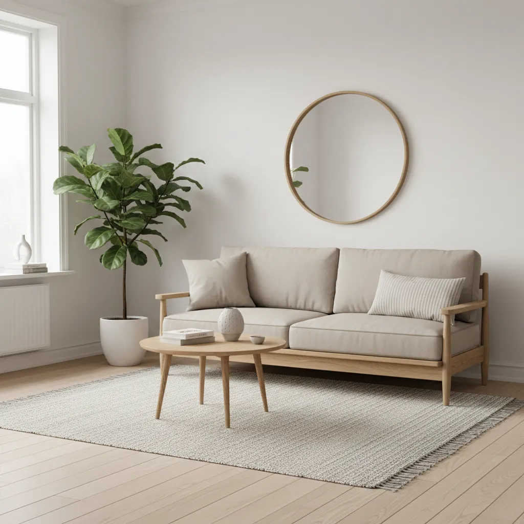 Compact wooden sofa with slim frame in a small apartment living room