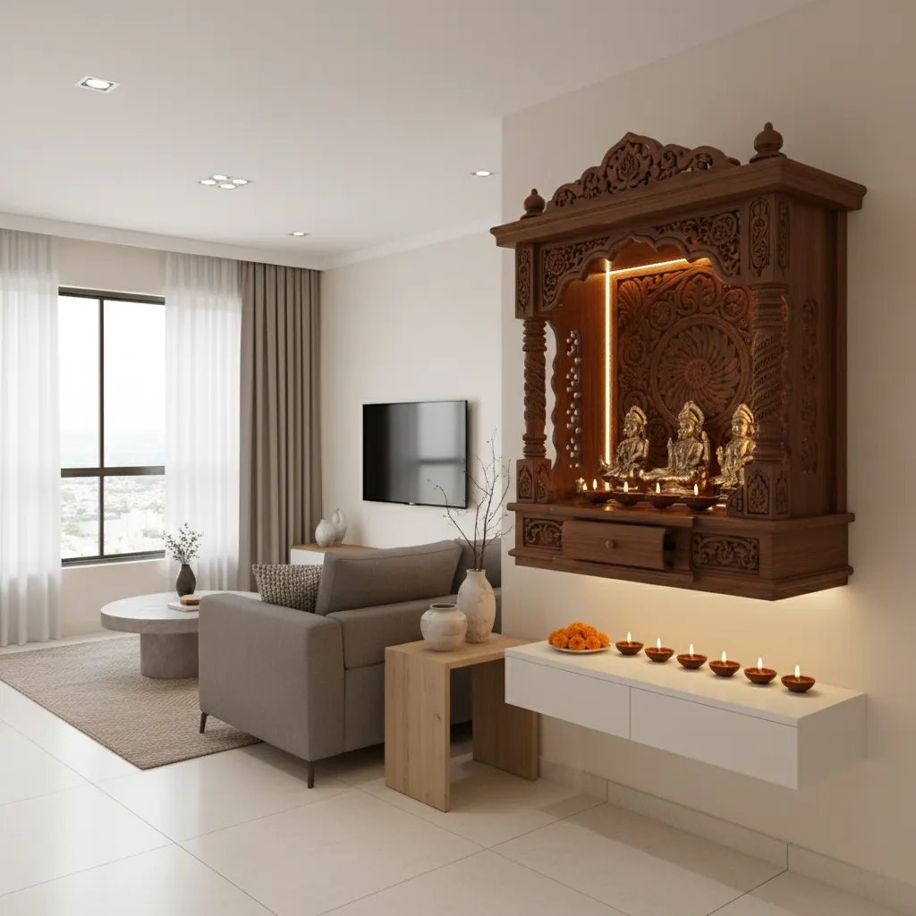 Wall mounted wooden pooja mandir in a small apartment living room