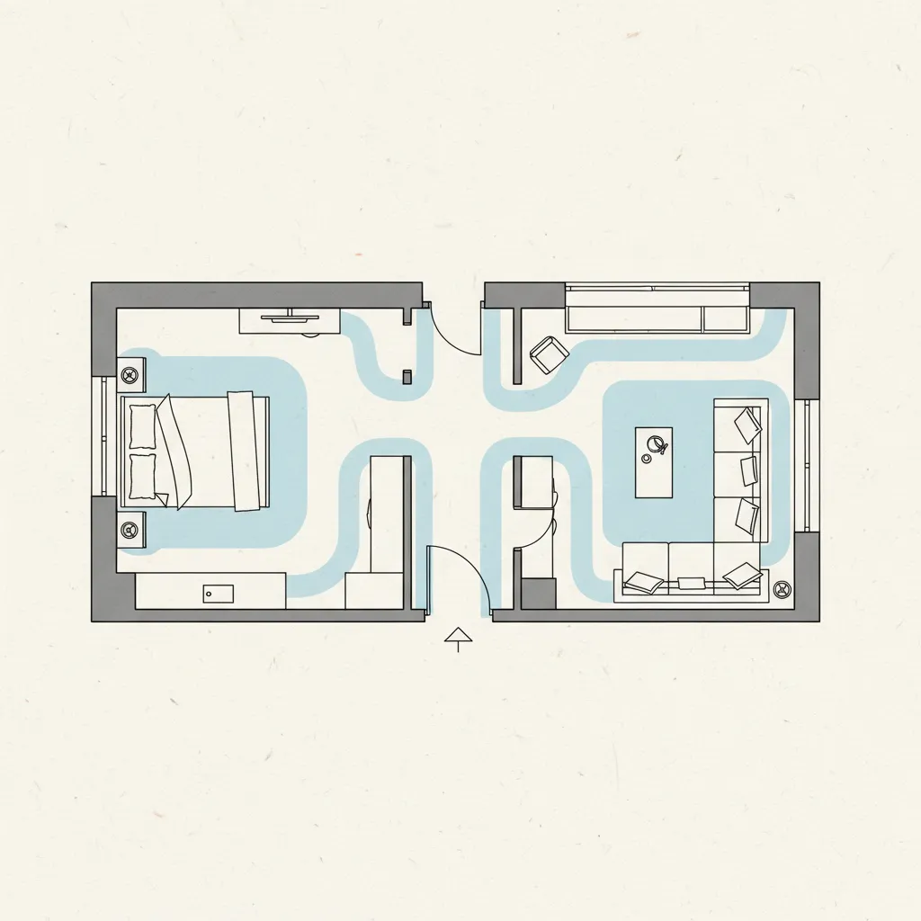 exemplo de planta mostrando espaço correto de circulação entre móveis
