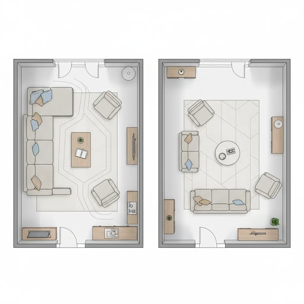 comparação entre layout de sala apertado e layout com circulação correta