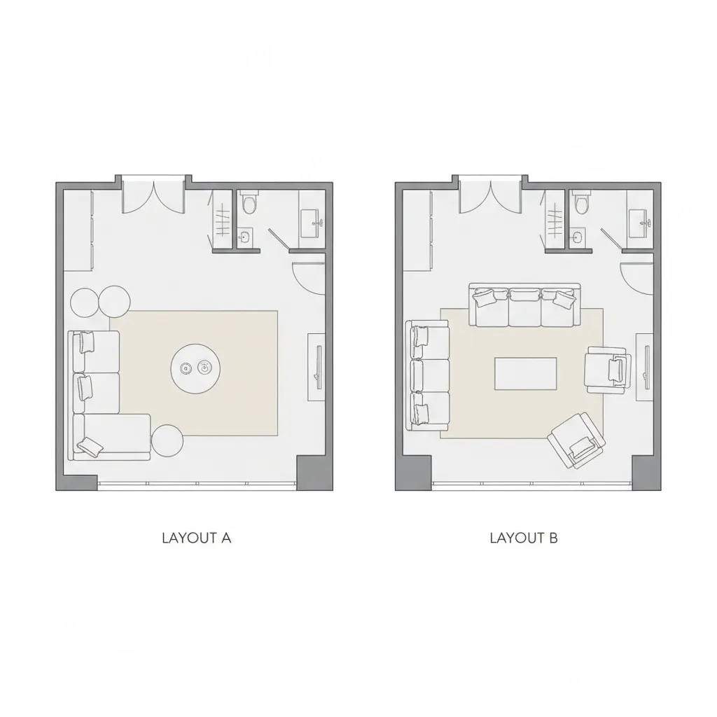comparação de dois layouts diferentes de sala em planta baixa