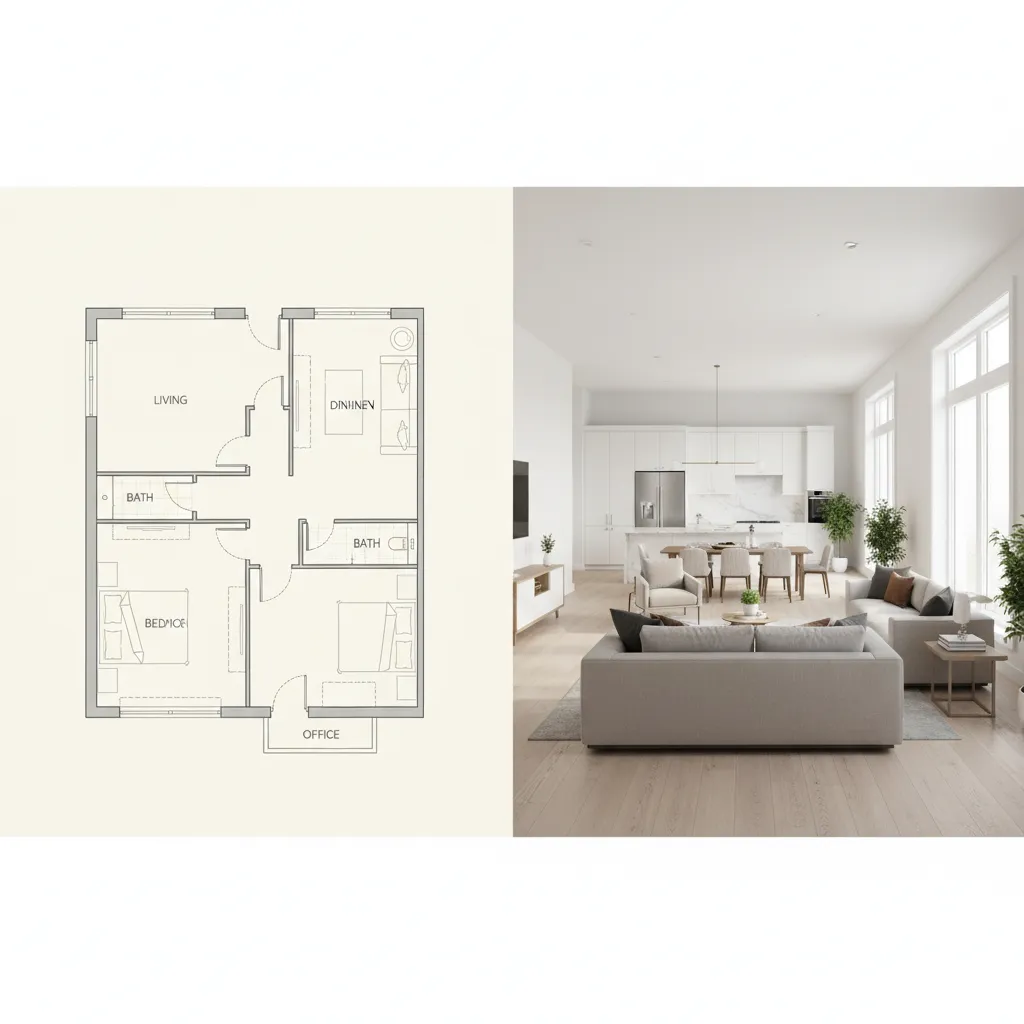 comparação entre planta 2D e modelo 3D de casa