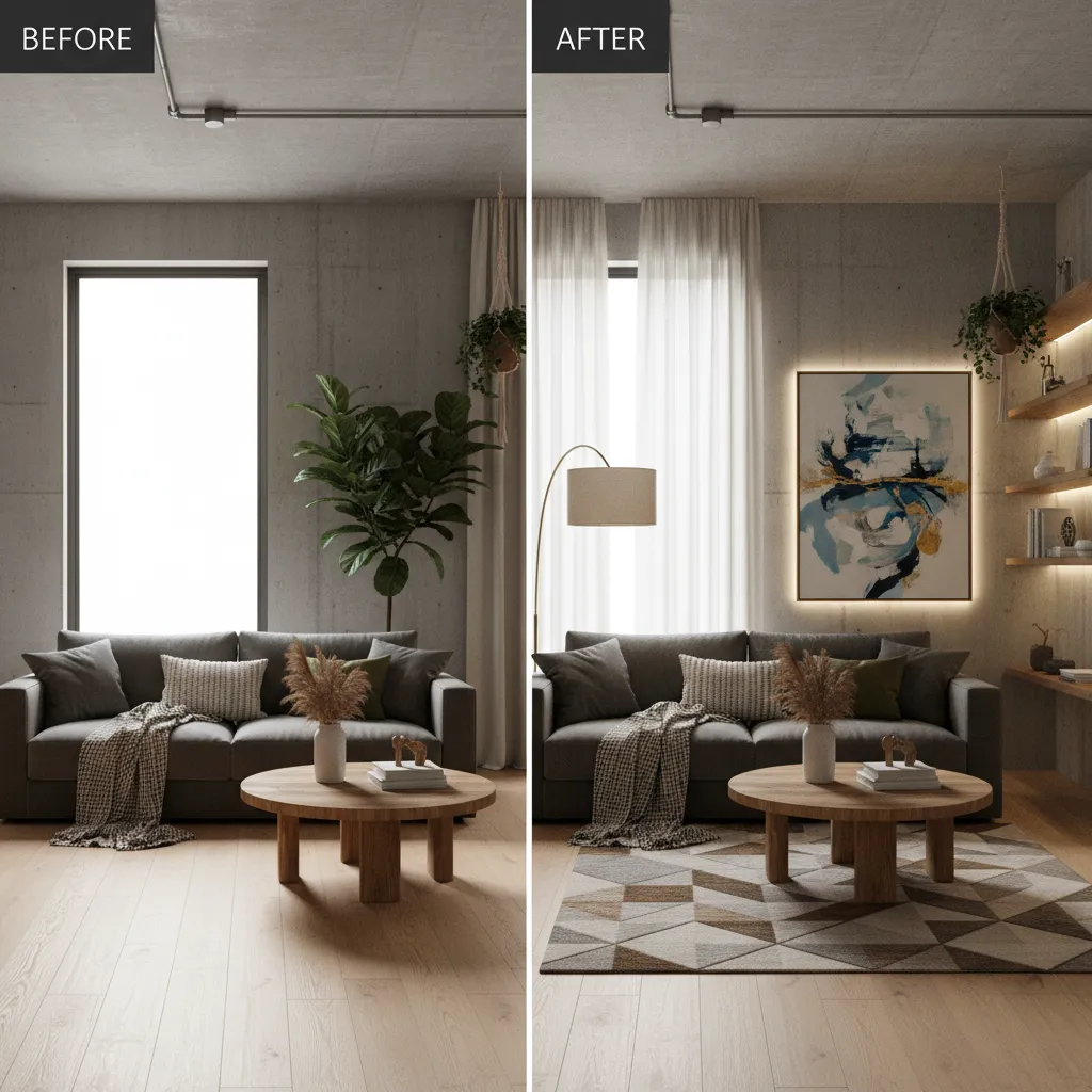 Before and after comparison of living room showing added rug curtains lamp and wall art