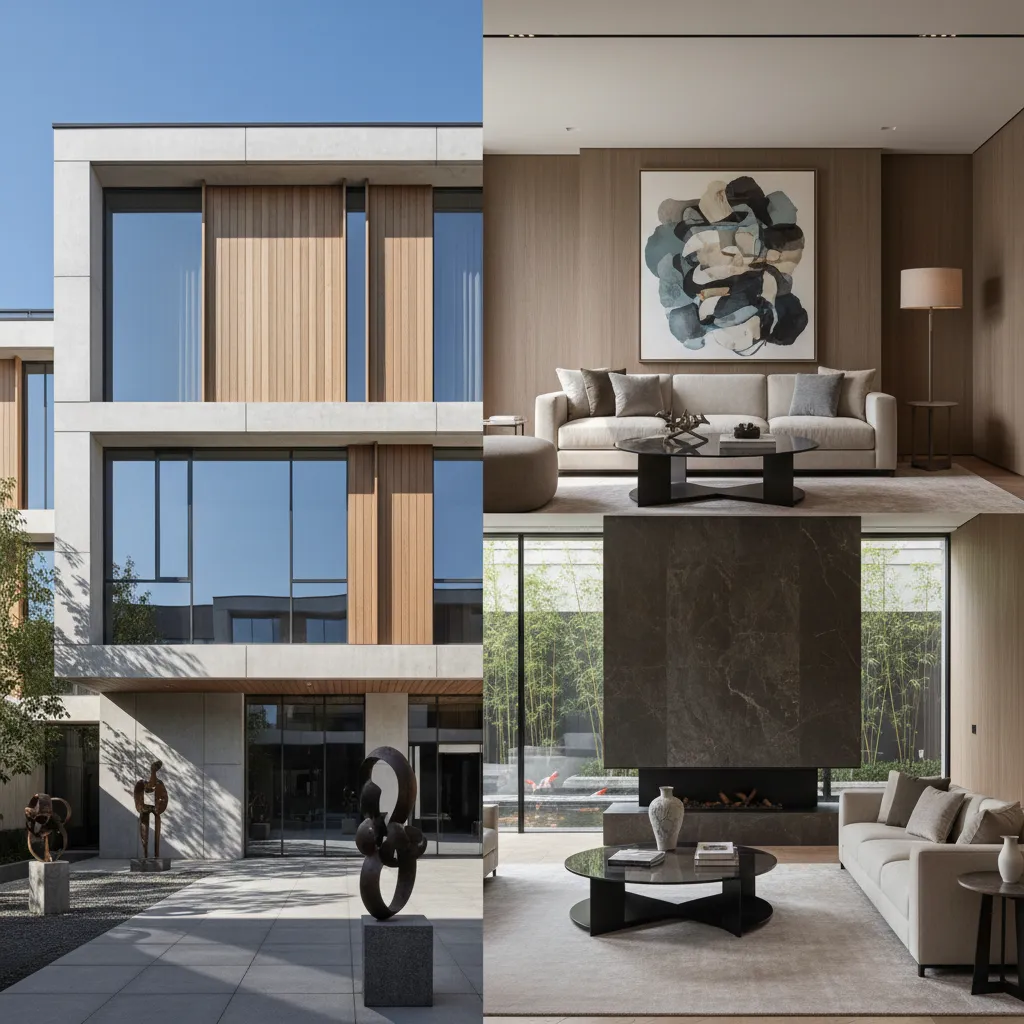 Collage showing modern house exterior with wood panels and two living rooms with comfortable sofas