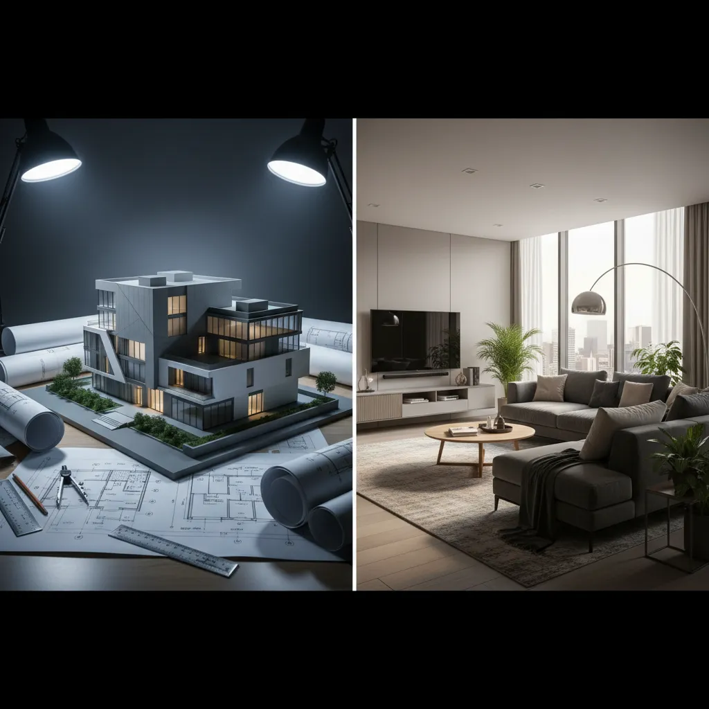 Comparison of a physical house model on drawings versus a finished modern living room design