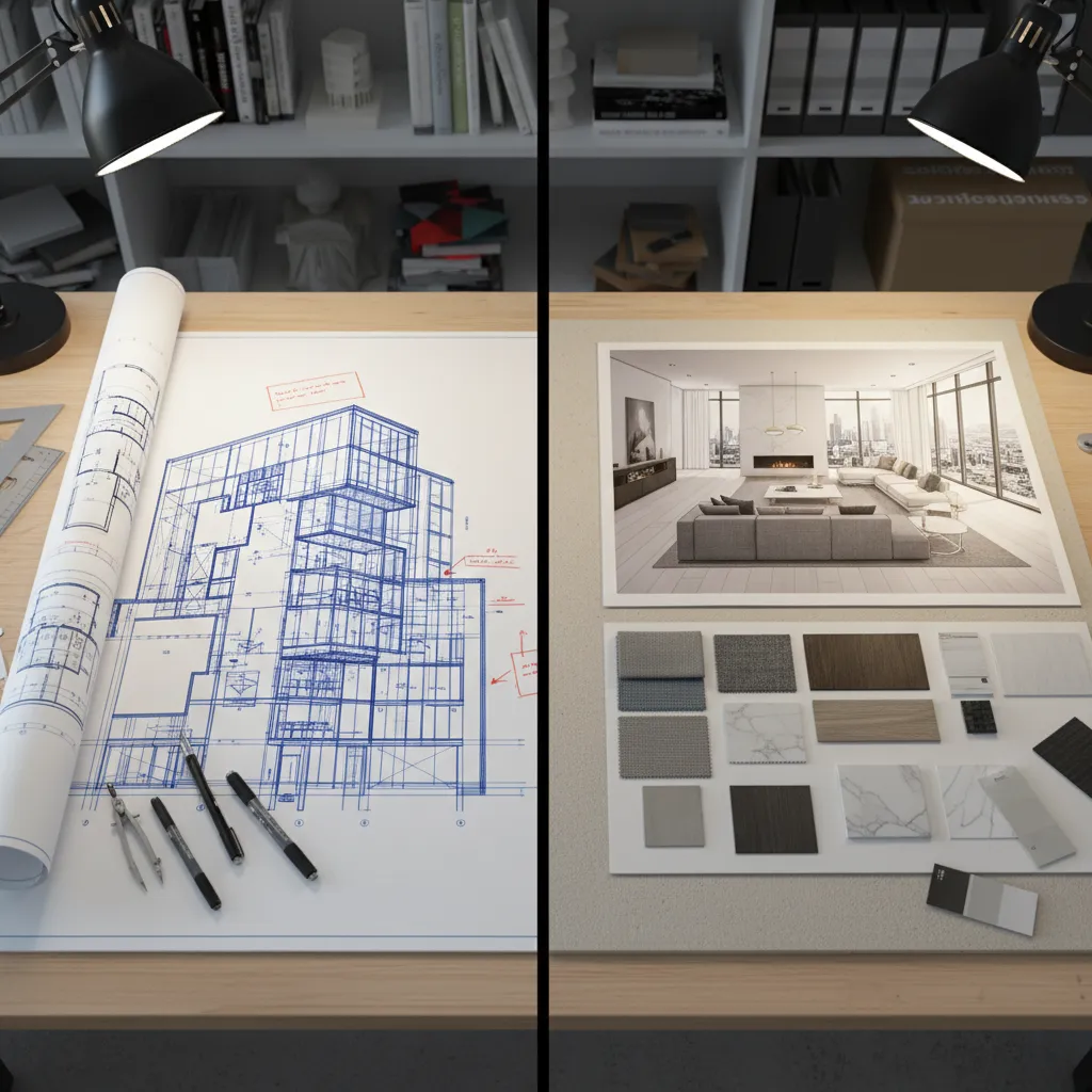 Comparación visual entre diseño de interiores y arquitectura