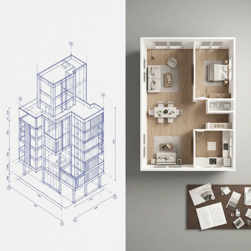 Comparison showing a blue line interior design drawing and a 3D floor plan furniture layout
