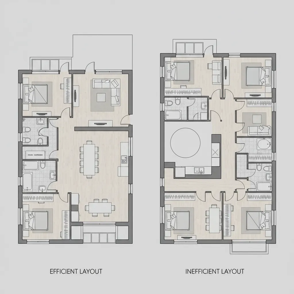 Comparison showing efficient versus inefficient room layout designs for a house with multiple bedroom areas