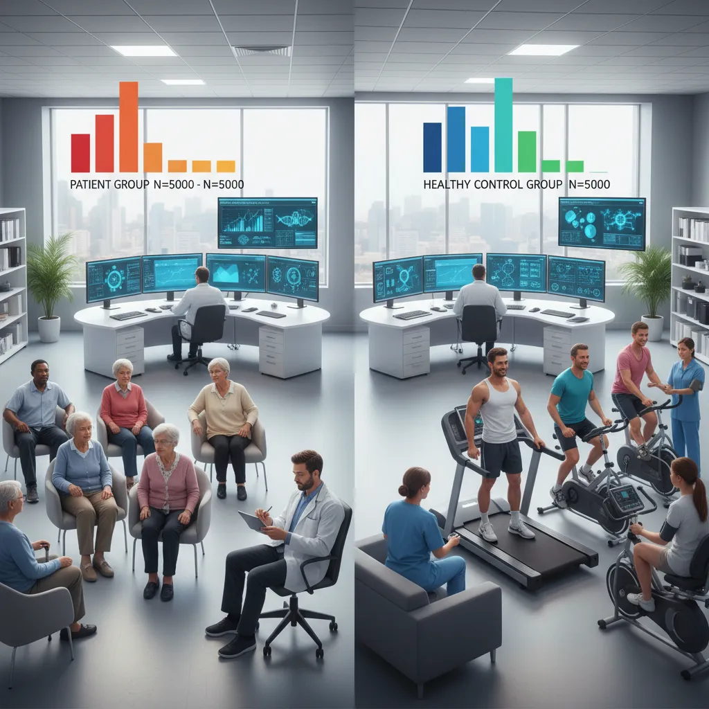 Side by side comparison showing a patient group sitting and a healthy group exercising indoors