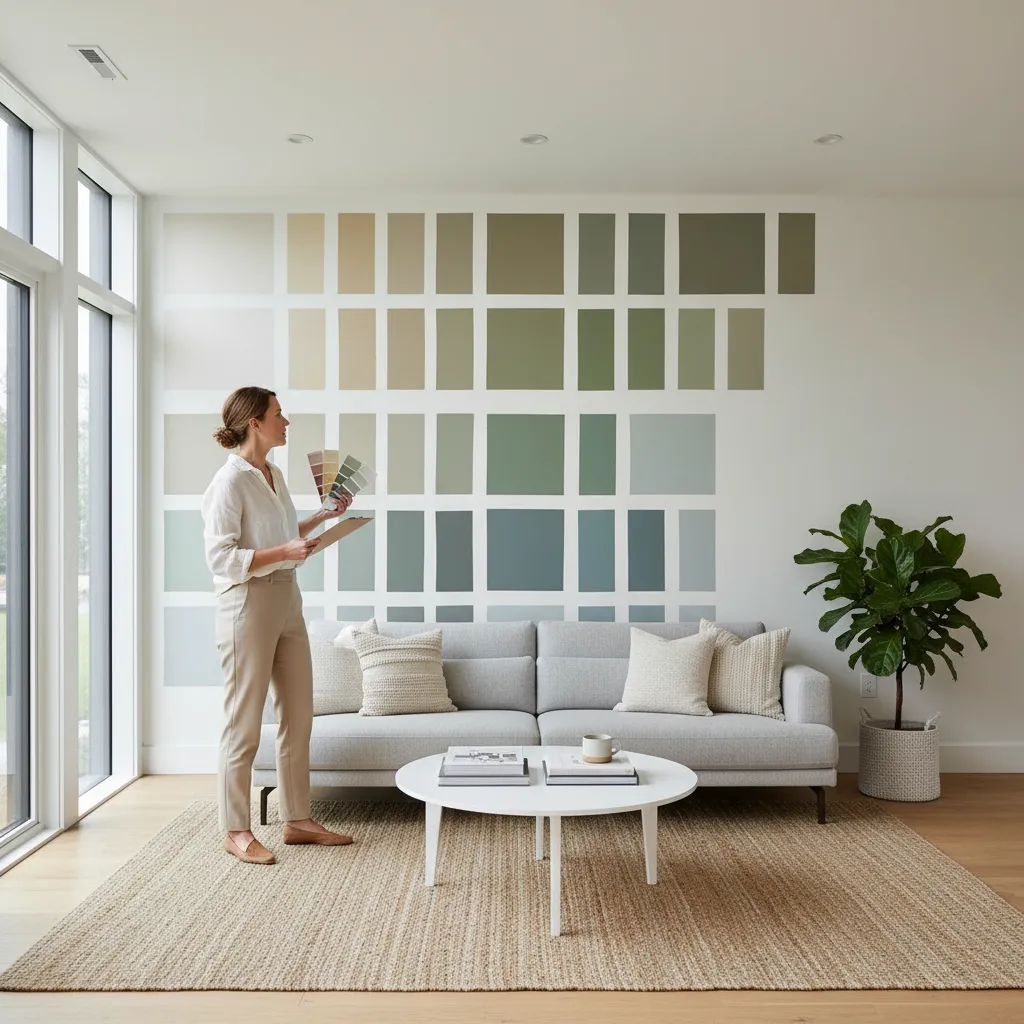 Woman holding color swatches in living room with paint samples displayed on the white wall