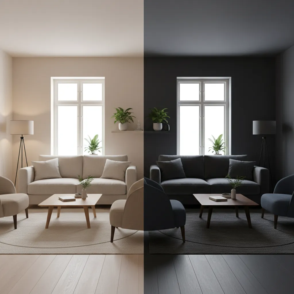 Comparación visual de paredes claras y oscuras en sala pequeña