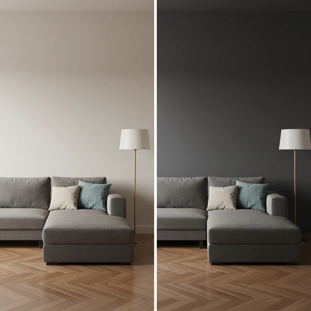 Comparison of a living room corner showing light cream versus dark grey wall paint colors