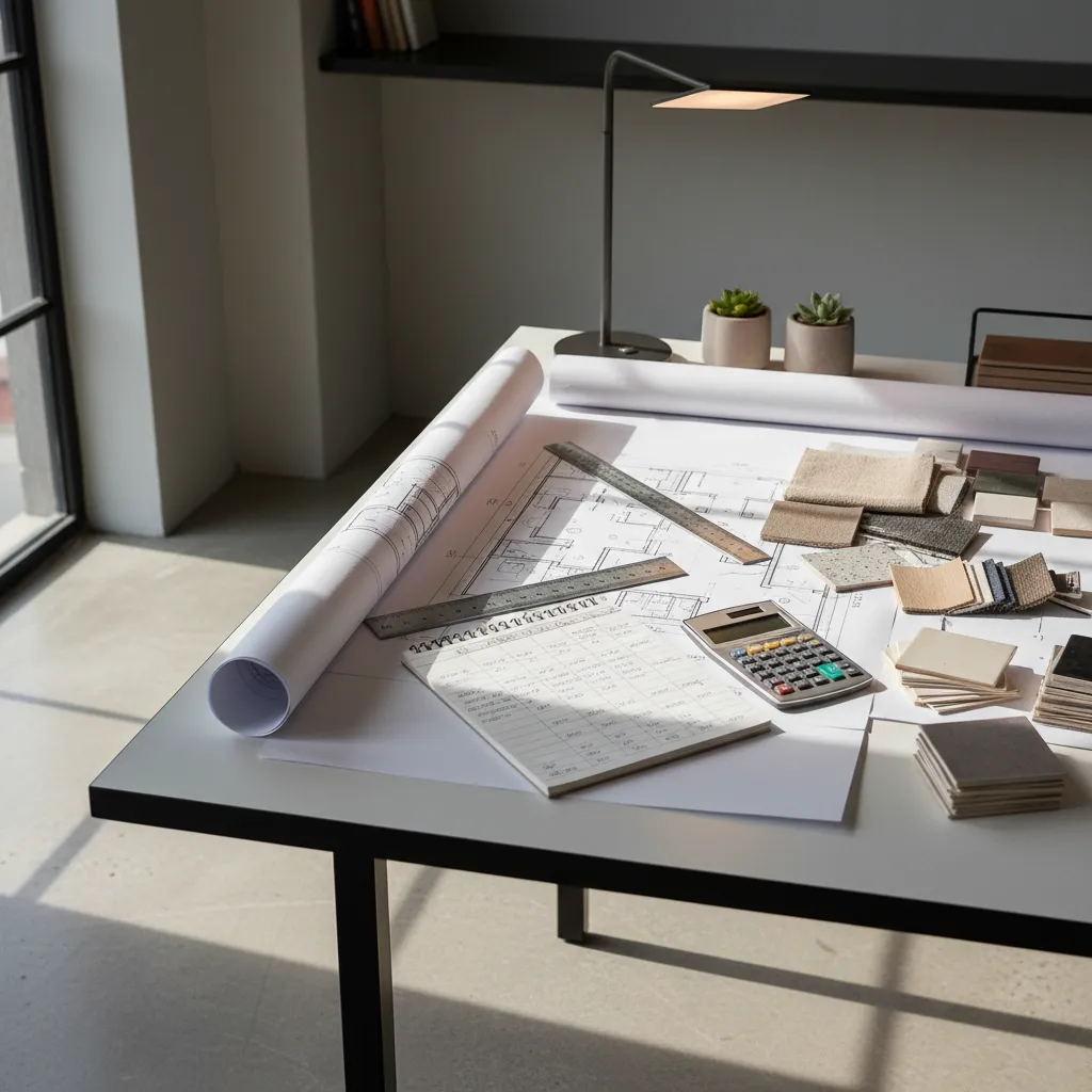Mesa con planos, calculadora y presupuesto de diseño de interiores