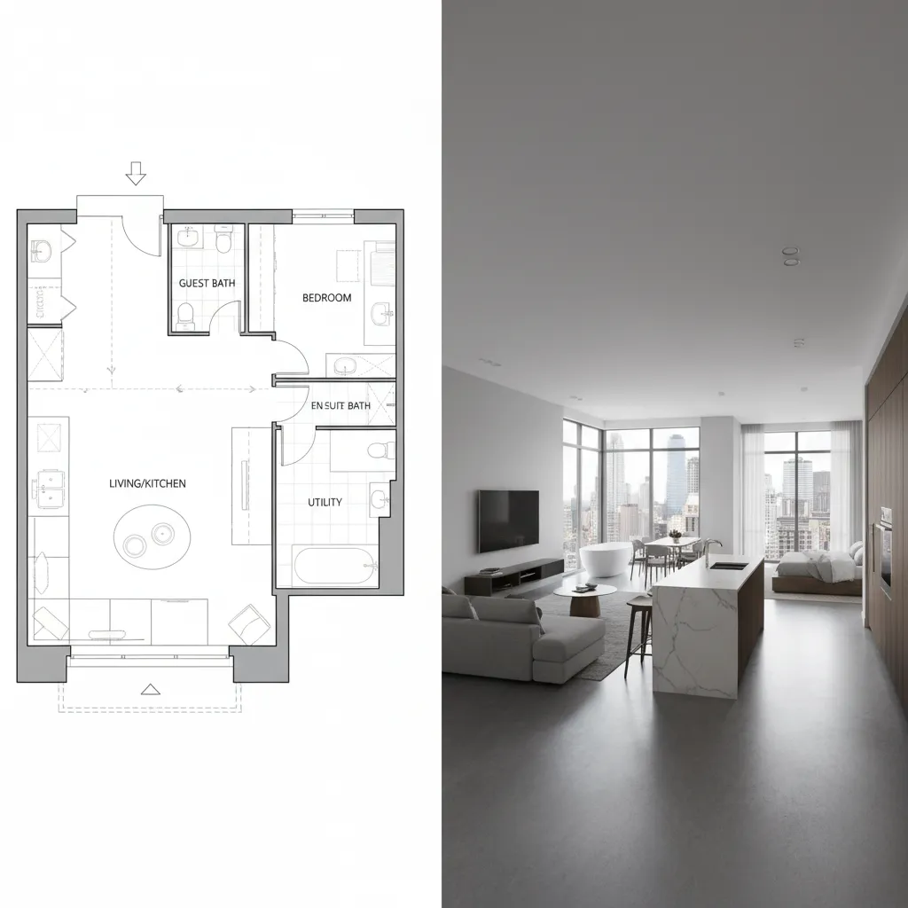 Comparación entre plano 2D de vivienda y modelo interior en 3D