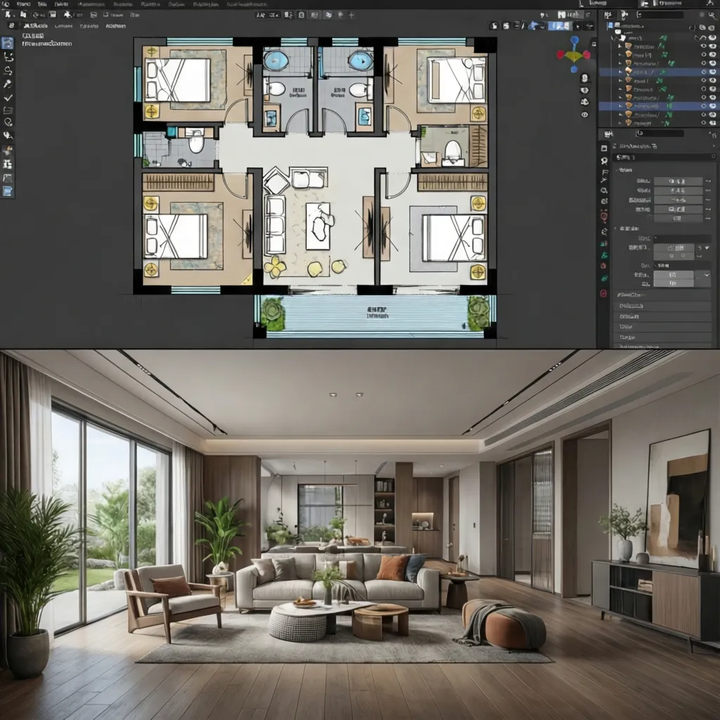 Comparación entre plano 2D y modelo 3D de una casa