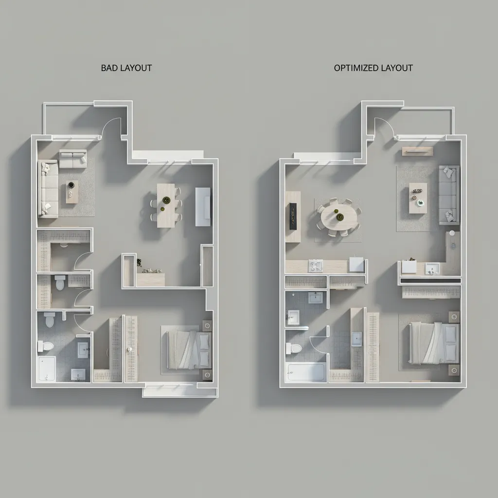 Comparación entre plano mal distribuido y plano optimizado