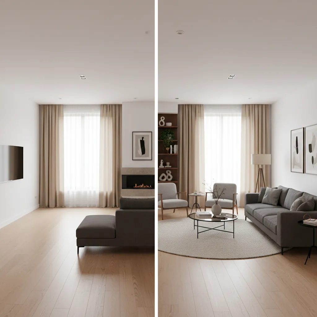 Before and after comparison showing a living room layout with added sofa and floor rug