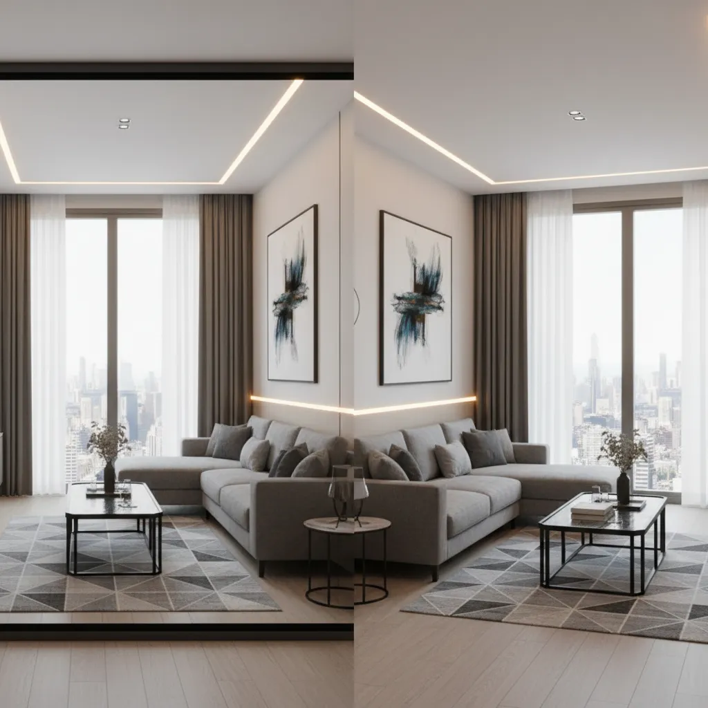 Modern living room design with grey sofa coffee table geometric rug and city view through windows