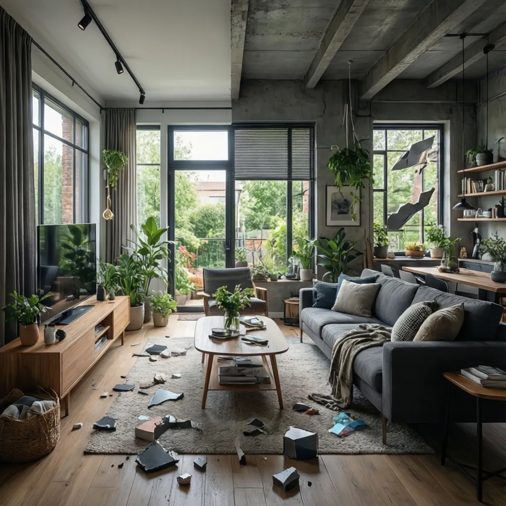 Comparison showing a finished modern living room next to a raw industrial concrete room design