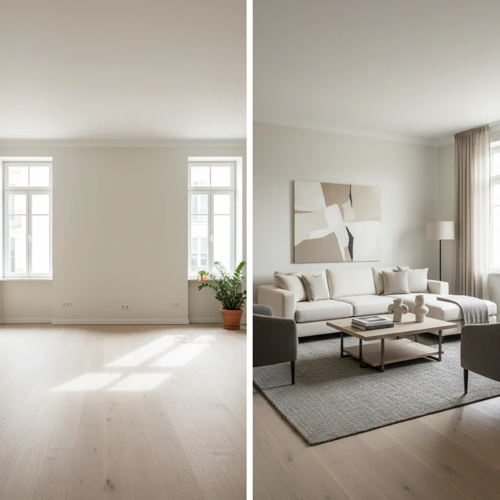 Comparación entre una habitación vacía y su diseño interior planificado