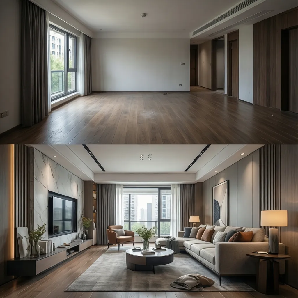 Comparación entre una habitación vacía y su diseño interior planificado digitalmente