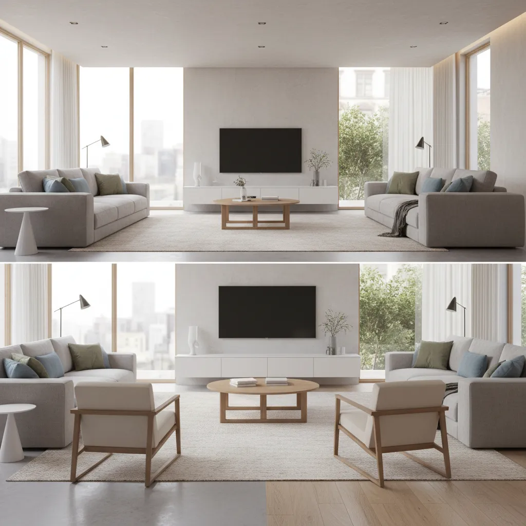 Comparación entre diseño virtual de interior y espacio real terminado