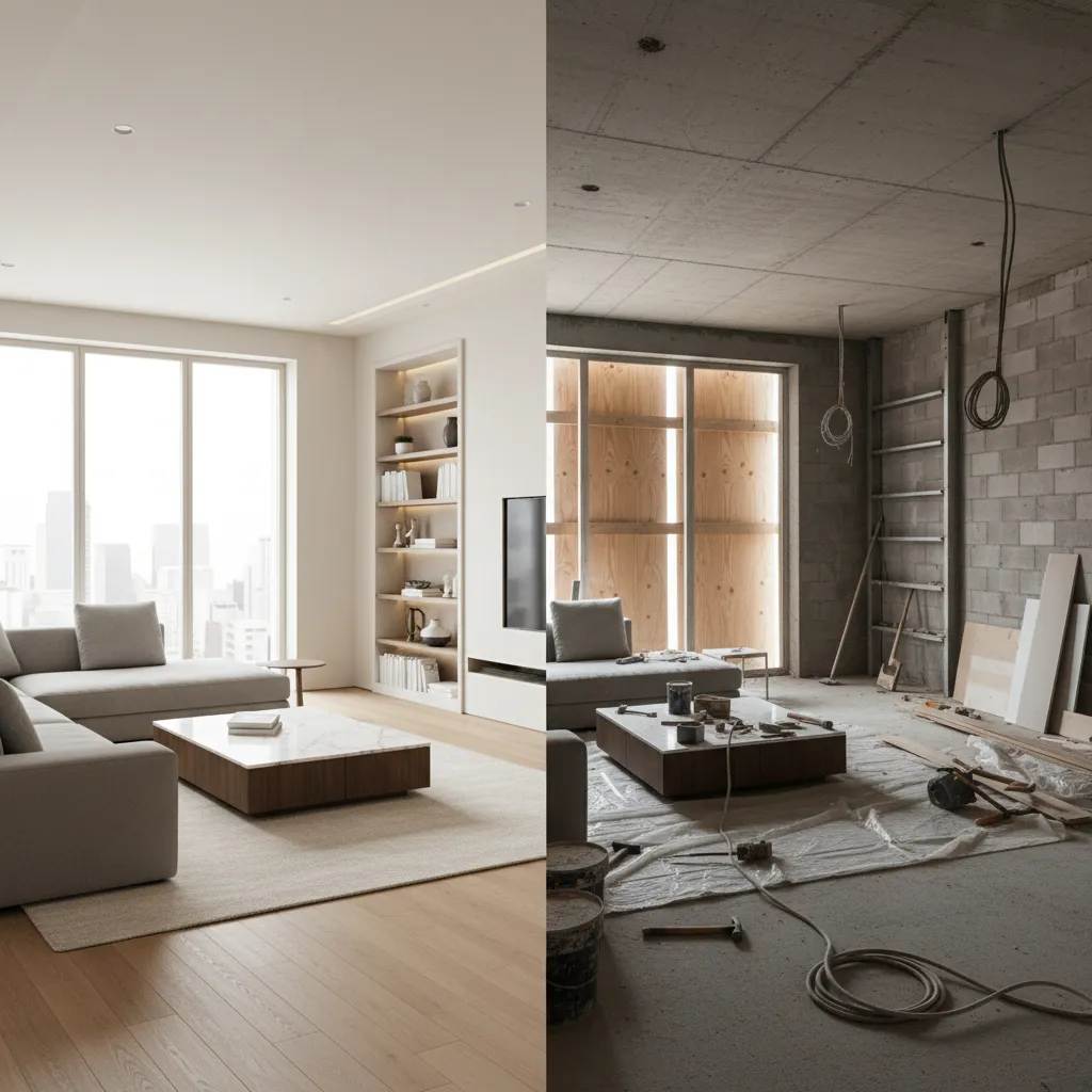 Comparación entre un diseño digital de habitación y el espacio real