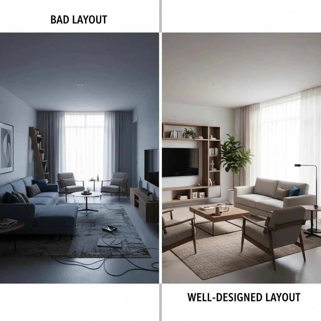 Comparación entre un salón mal distribuido y uno bien diseñado