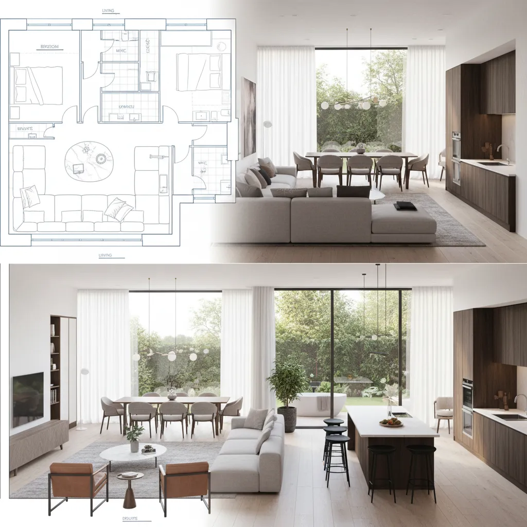 Comparación visual entre plano arquitectónico y decoración interior