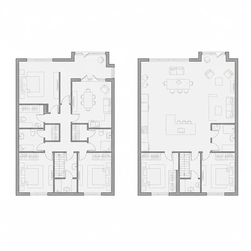 Comparación entre plano con pasillos largos y plano optimizado
