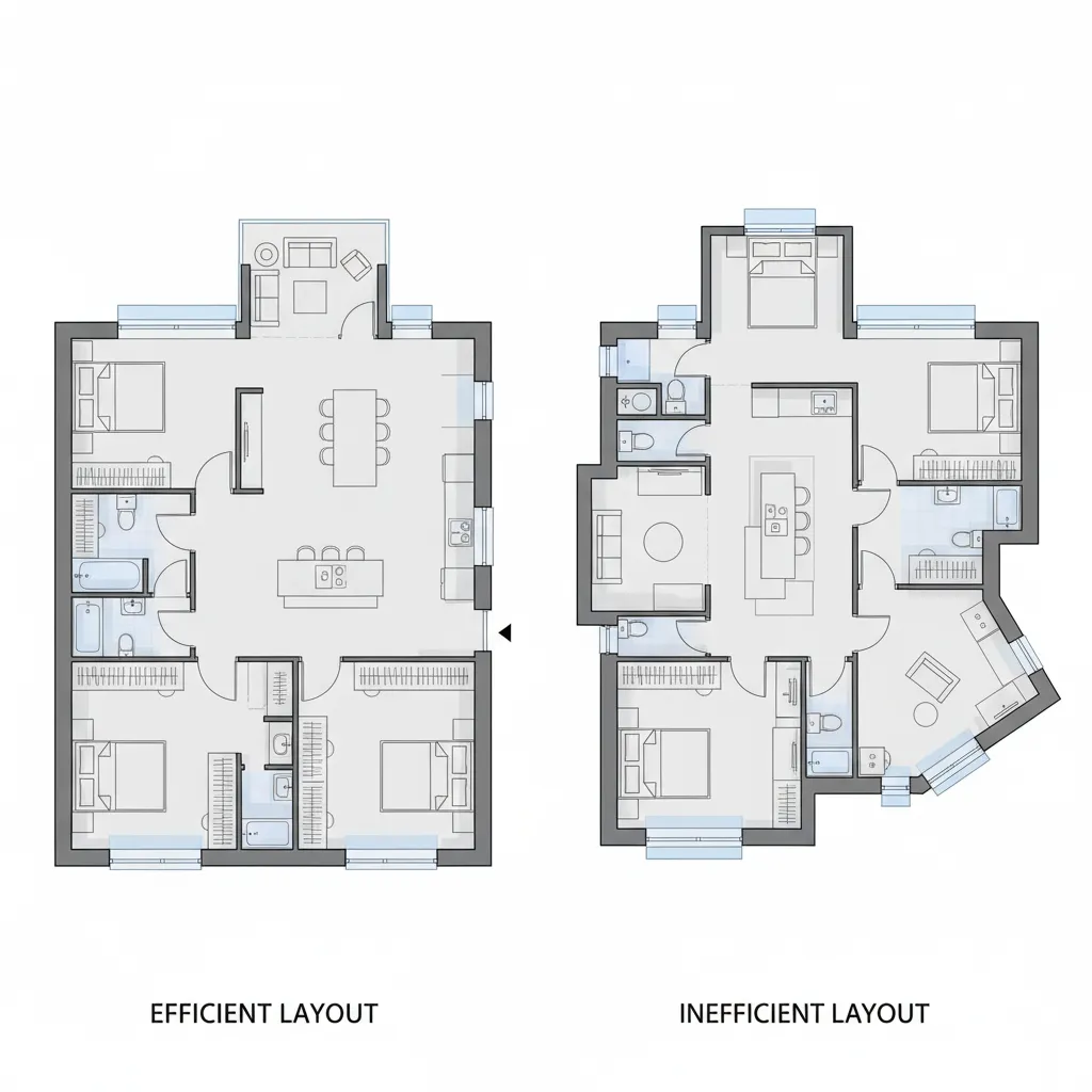 Comparación de dos planos de casa mostrando eficiencia de espacio