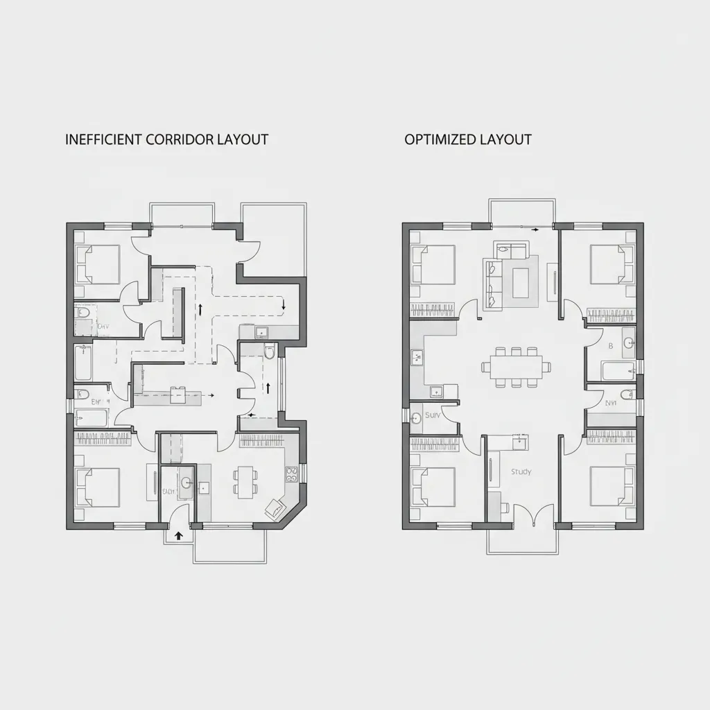 Comparación de plano con pasillos largos frente a plano optimizado