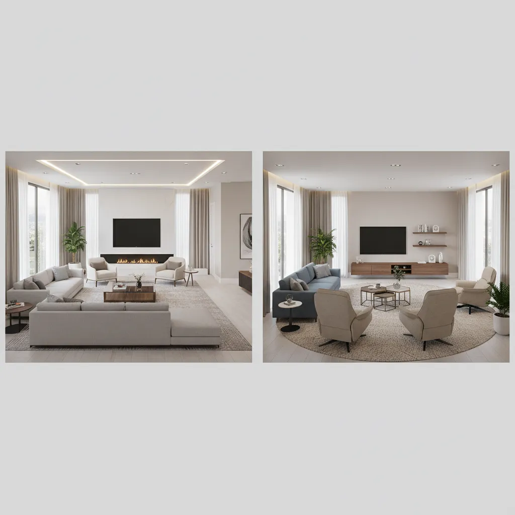 Side by side comparison of two different living room furniture arrangements with sofas and coffee tables