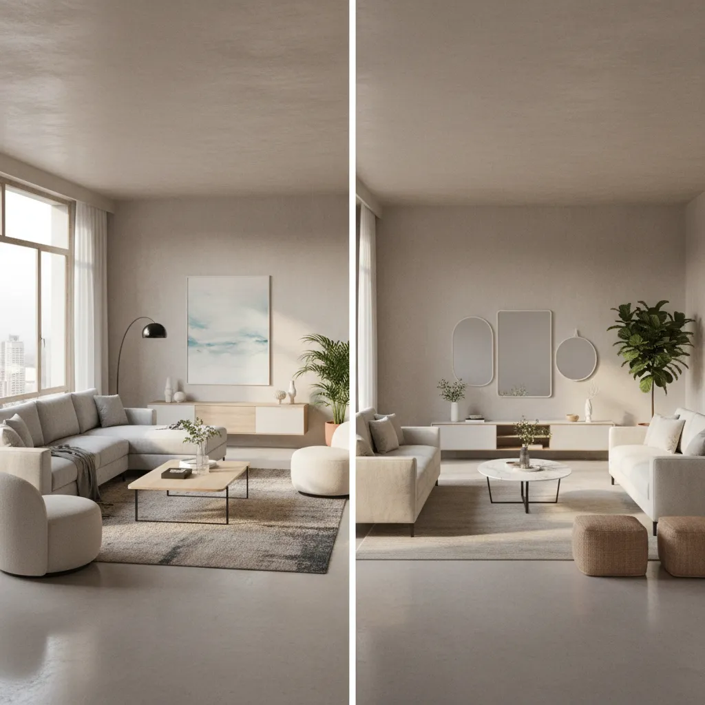 Side by side comparison showing two different modern living room furniture arrangements and layout designs