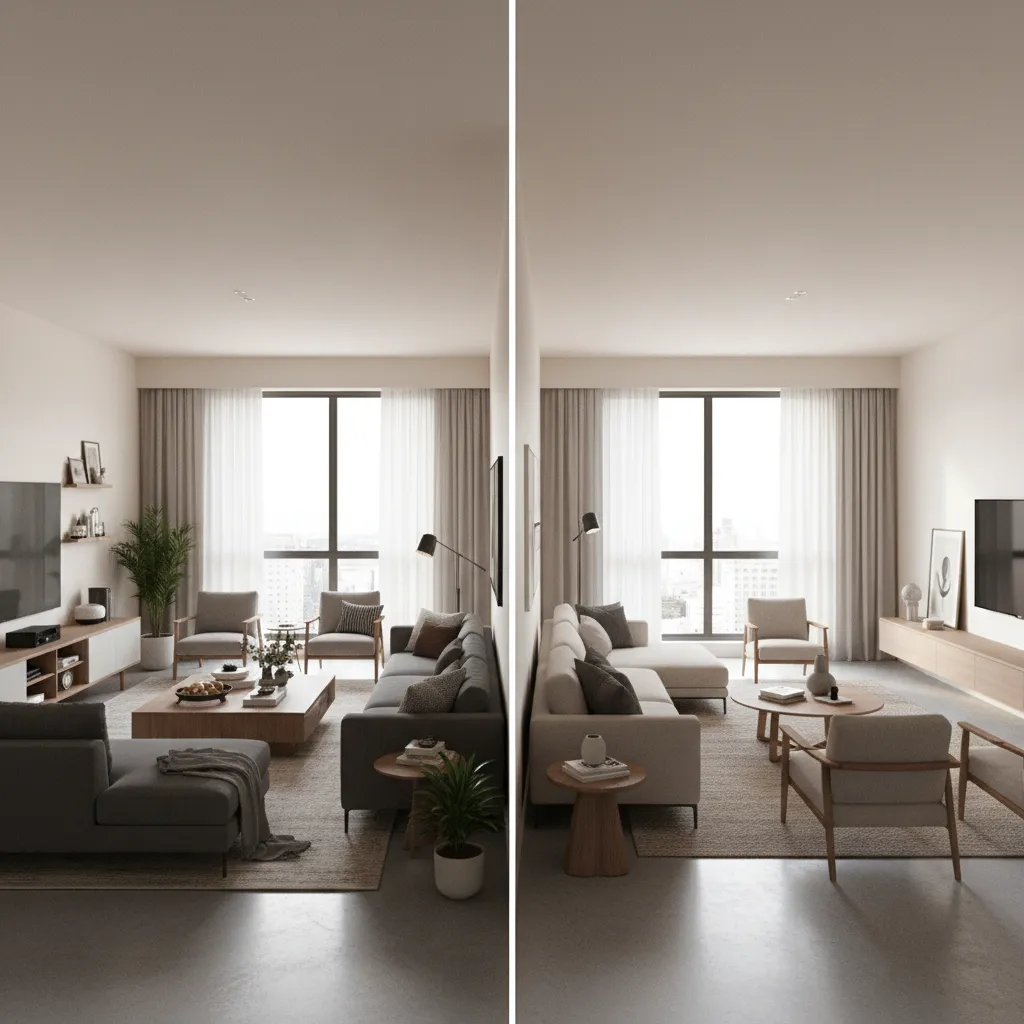 Side by side comparison of two different living room furniture layouts with sofas and coffee tables