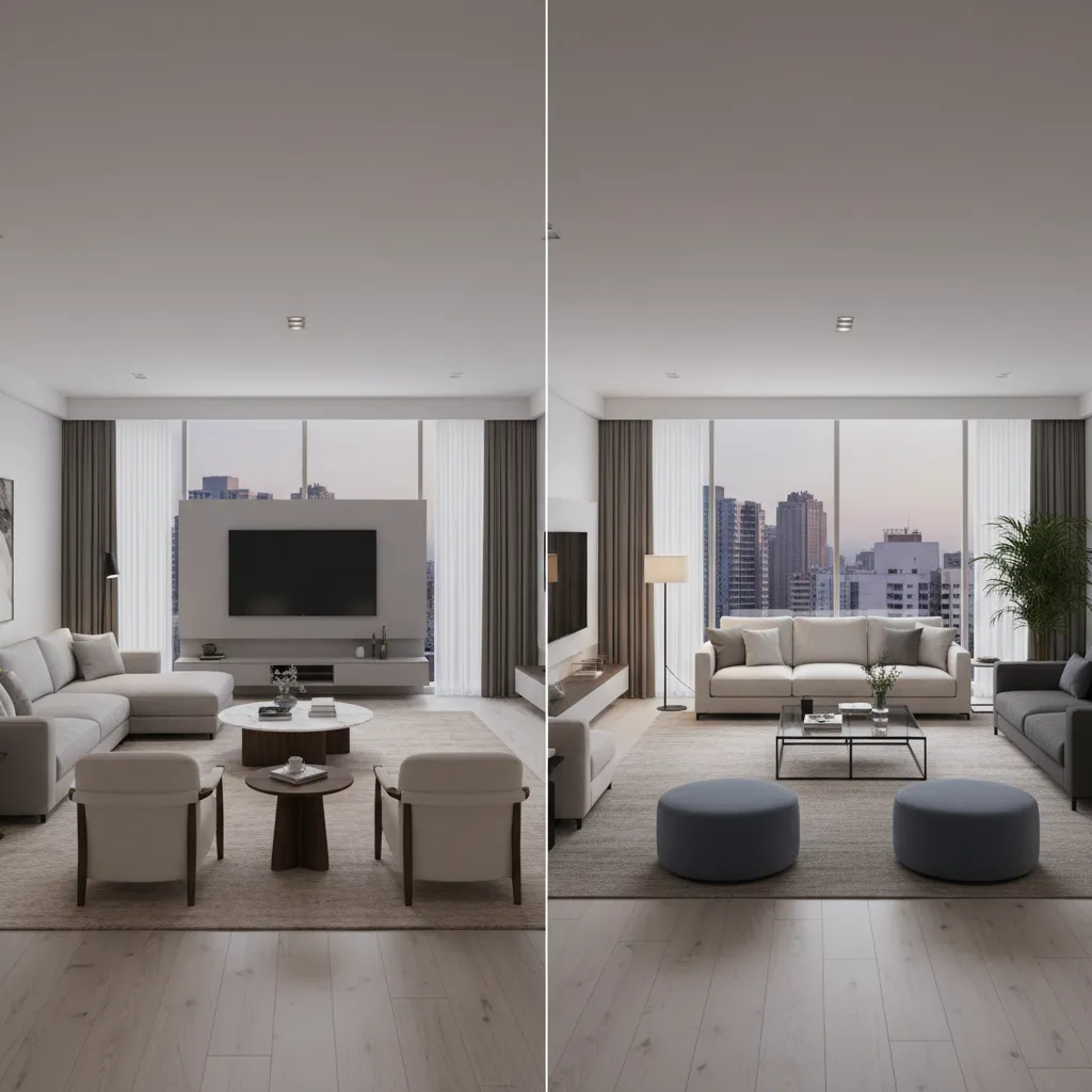 Comparación de dos distribuciones diferentes de muebles en una sala