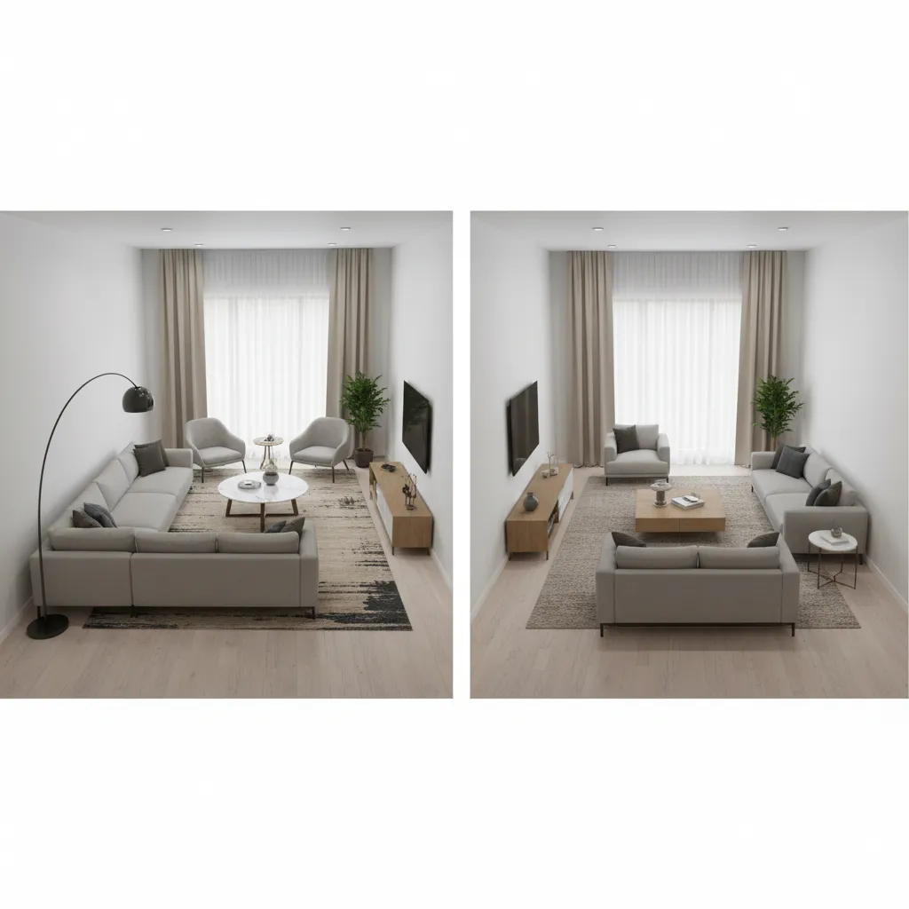 Comparación de dos distribuciones diferentes de muebles en un salón