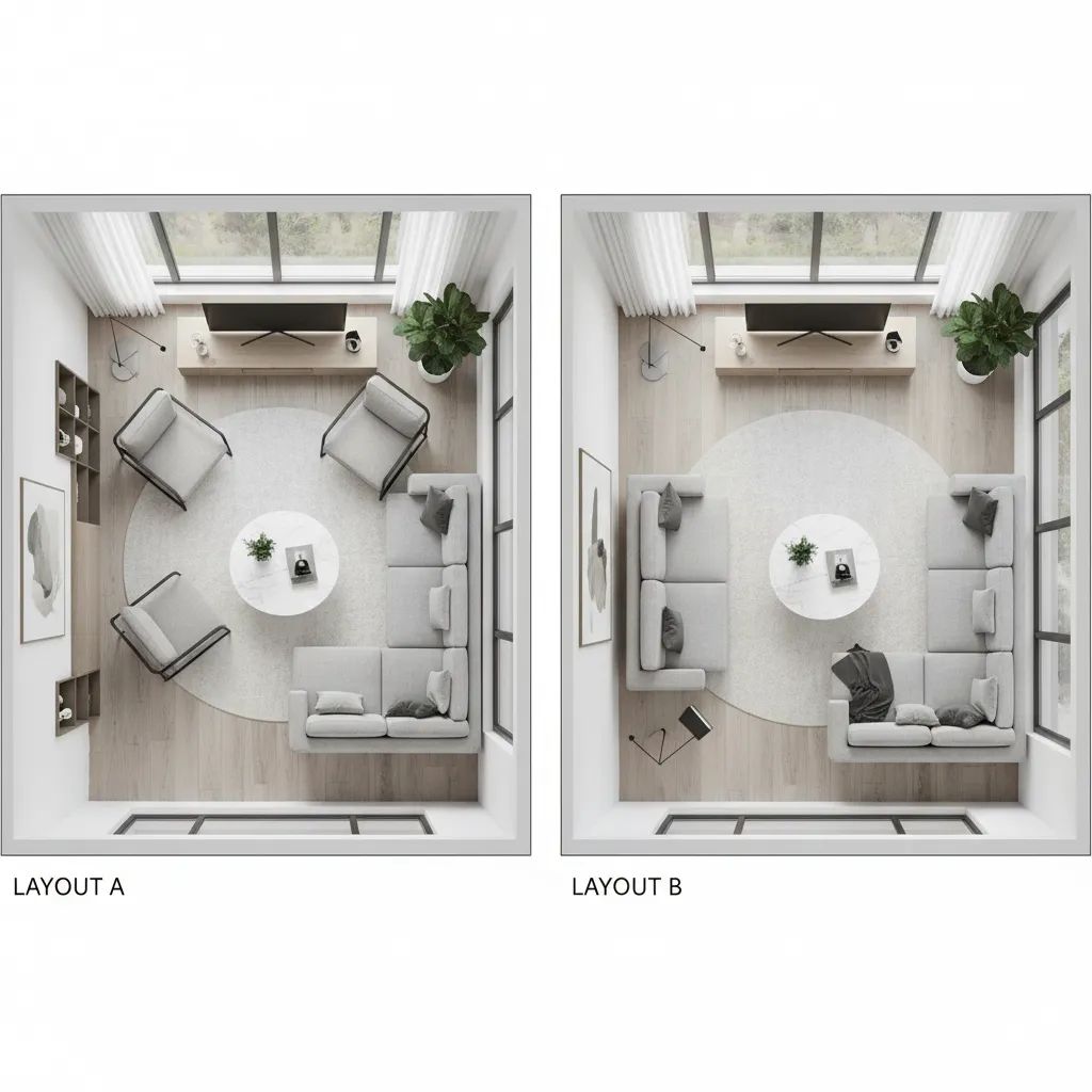 Comparación de dos distribuciones diferentes de muebles en un salón