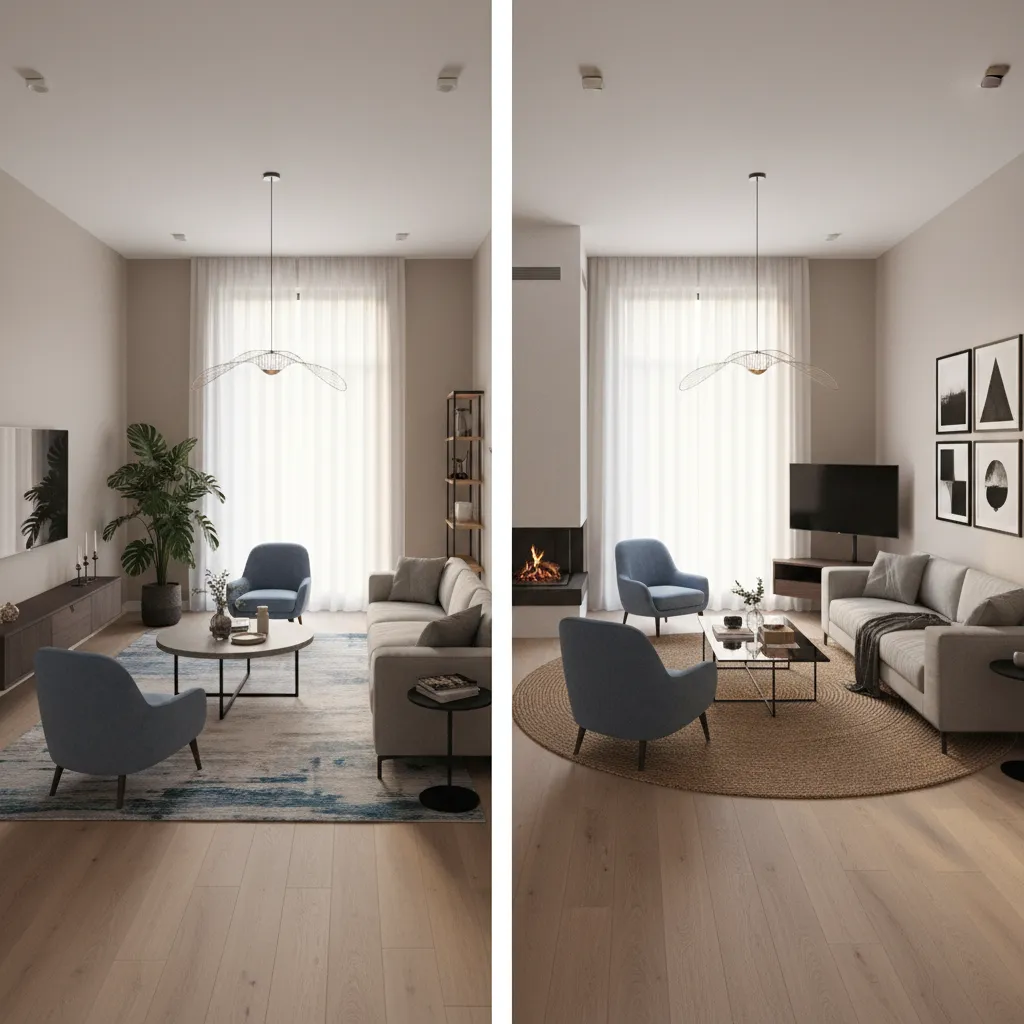 Comparación de dos distribuciones diferentes de muebles en un modelo 3D