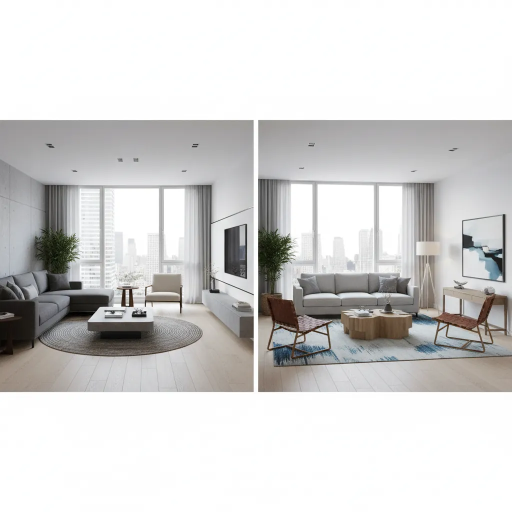 Side by side comparison showing two modern living room layouts with different rugs and furniture