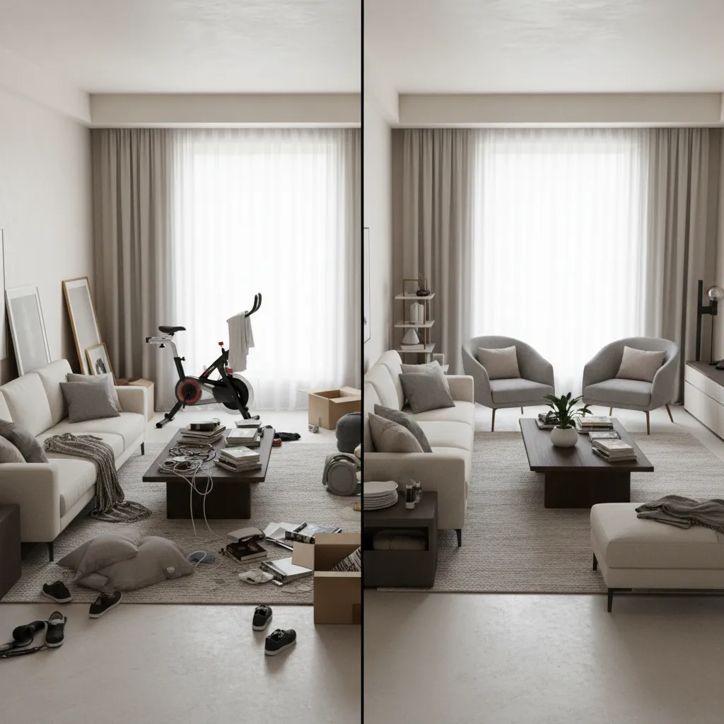 Before and after comparison of a messy living room versus a clean modern living room